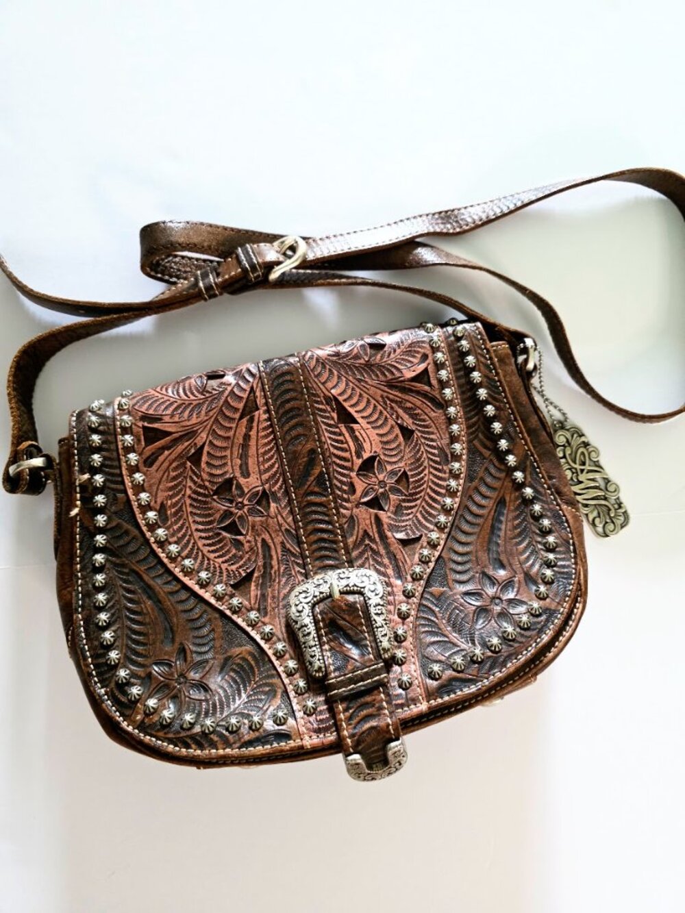 American West Hand Tooled Leather Crossbody Bag Western Floral Saddlebag EUC